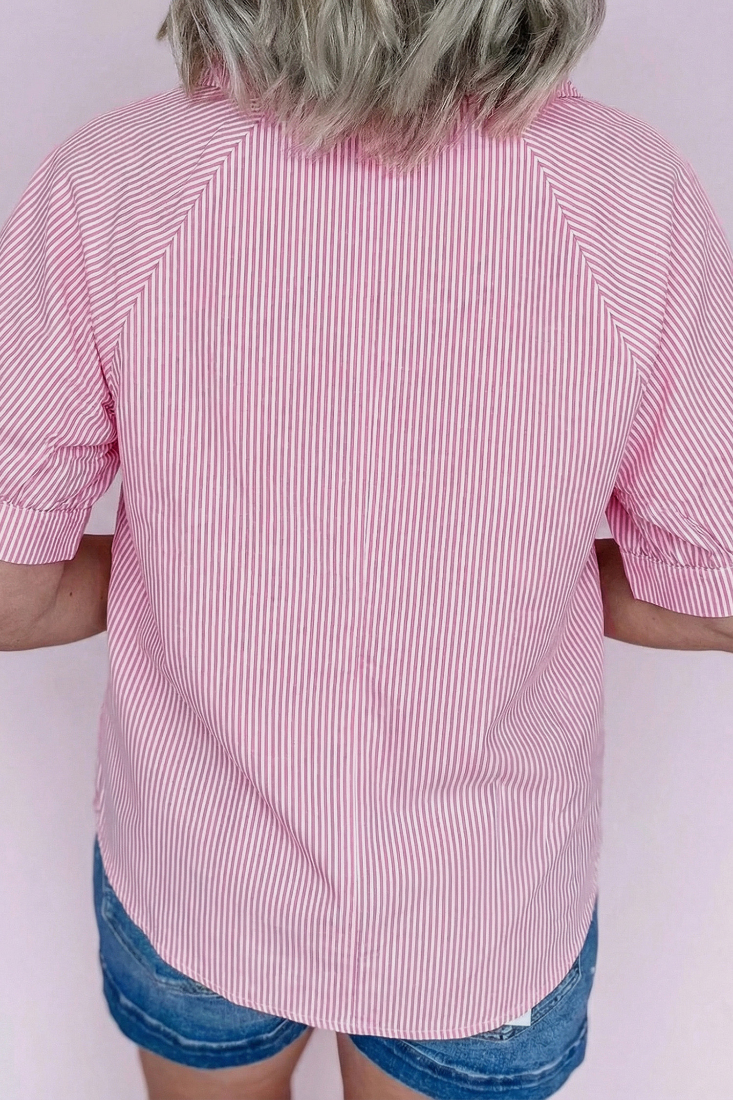 粉色条纹印花领开叉半袖衬衫 LC25135302