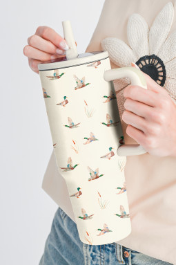 白色野鸭印花翻盖吸管大手柄玻璃杯