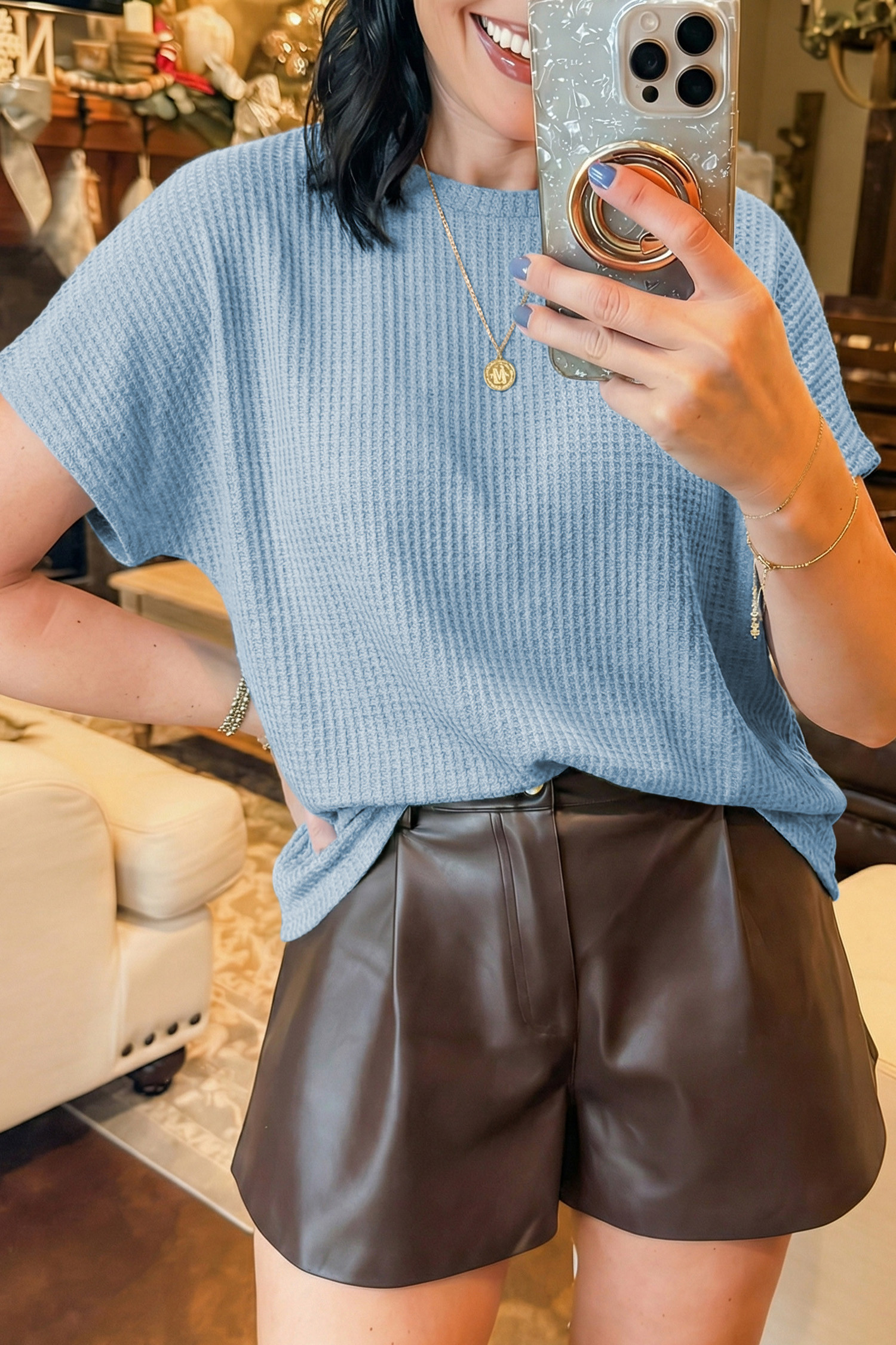 Beau Blue 华夫格纹理针织 Dolman 短袖宽松上衣 LC25231004