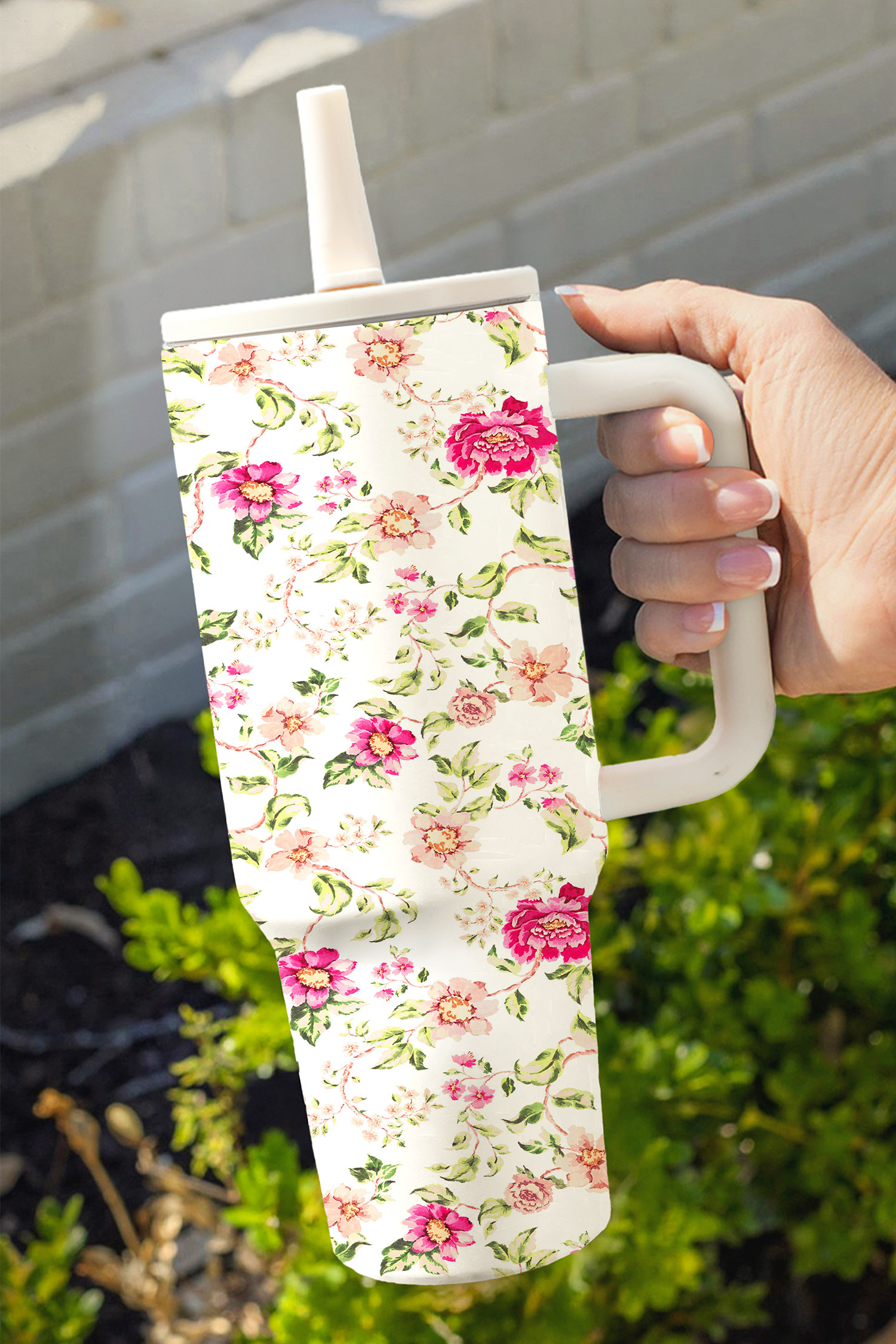 白色梦幻花卉侧手柄翻盖吸管杯 BH052019