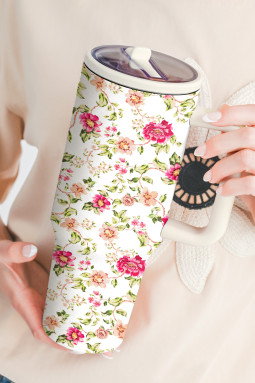 白色梦幻花卉侧手柄翻盖吸管杯