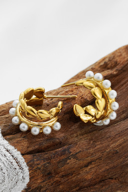 金色珍珠心形圈形耳钉