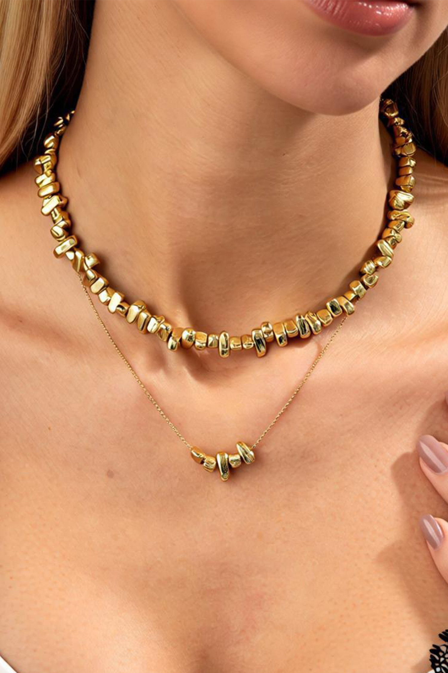 金色不规则宝石细节 2 件分层项链 BH014676