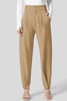 浅法式米色纹理纽扣高腰锥形裤工作裤