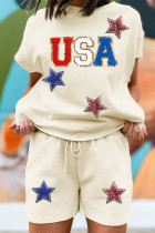 杏色美国星星补丁图案纹理短裤套装