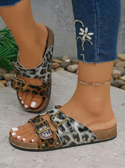 浅豹纹两色复古搭扣带镂空仿麂皮拖鞋