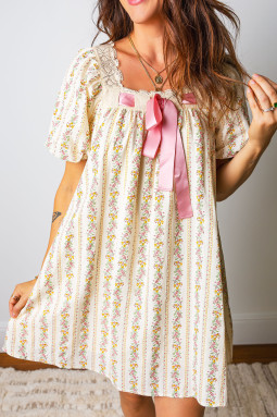 多色花卉印花撞色丝带蝴蝶结蕾丝边方领迷你连衣裙