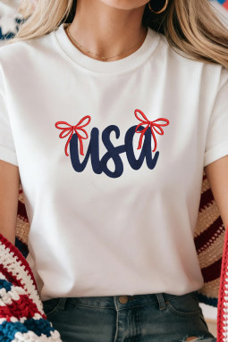 白色 USA 字母蝴蝶结刺绣 T 恤