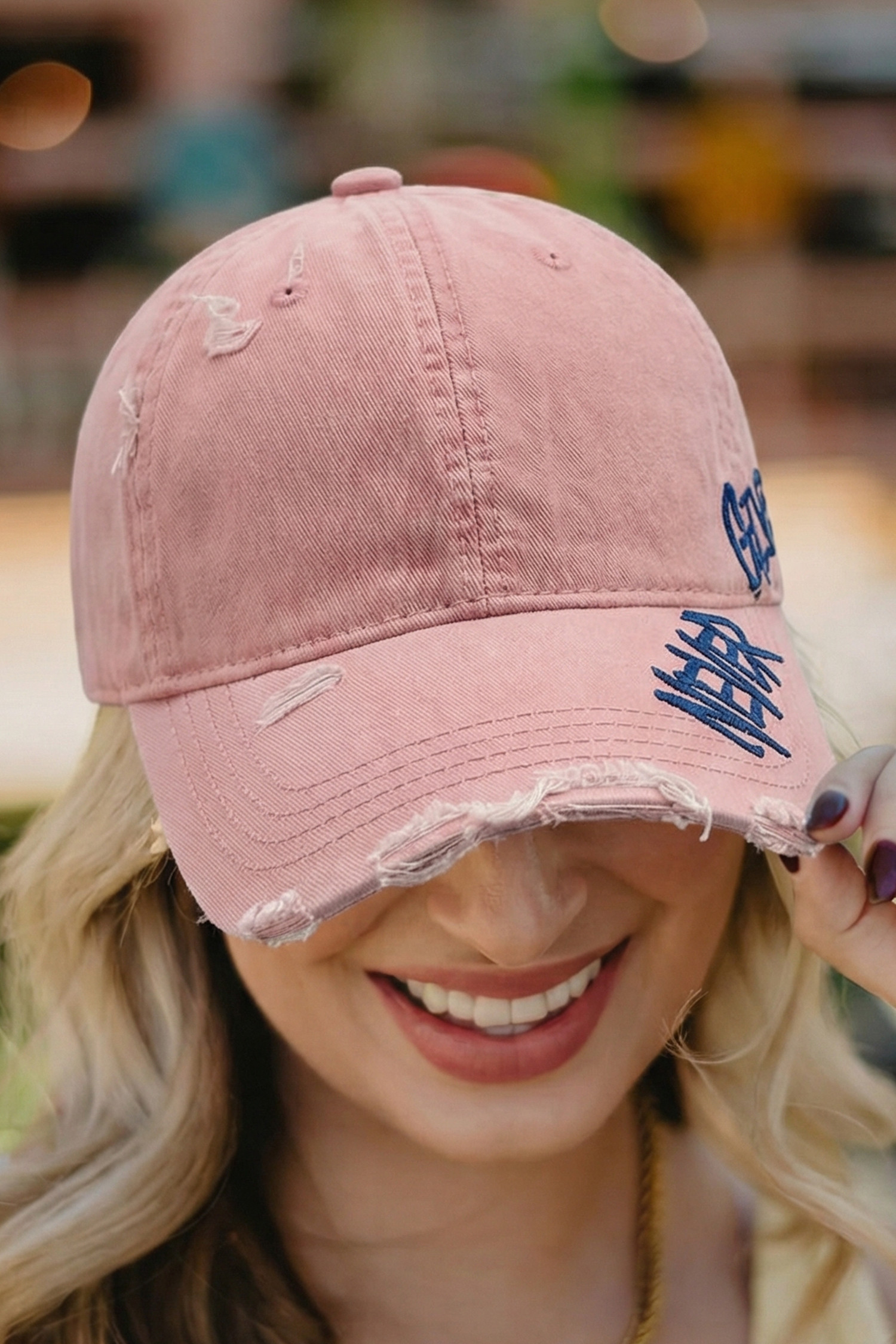 浅粉色 NEVER GIVE UP 棉质仿旧棒球帽 BH043682