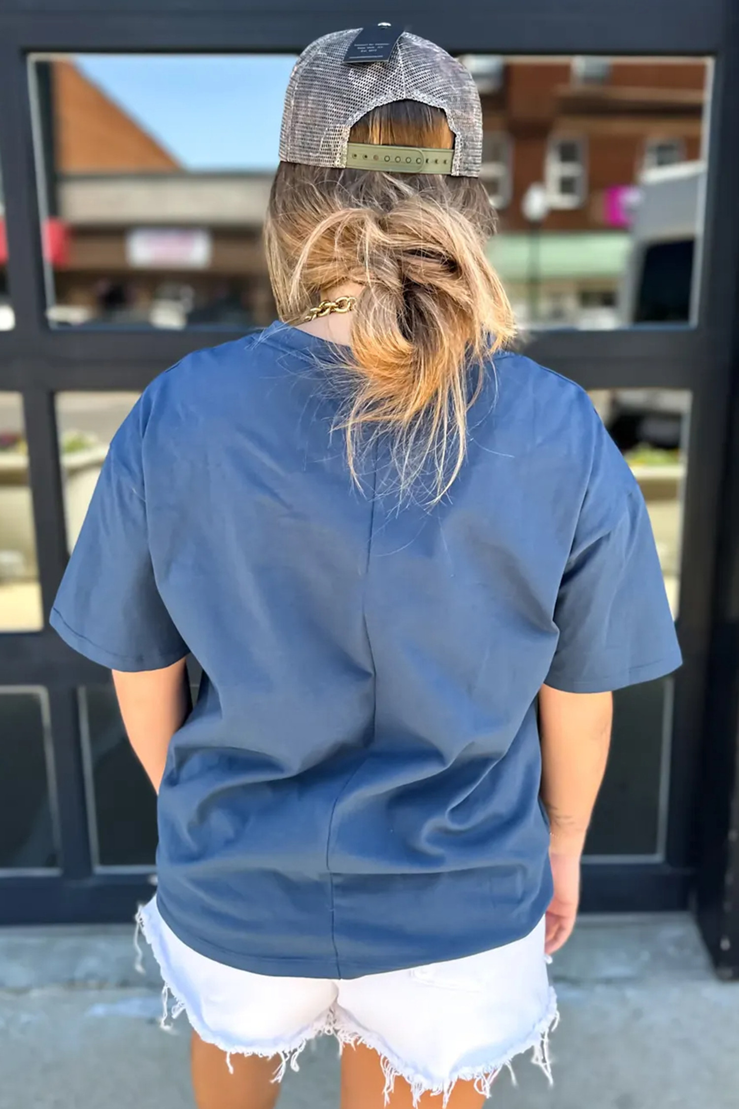 帆蓝拼色胸袋贴片休闲短袖上衣 LC25136760