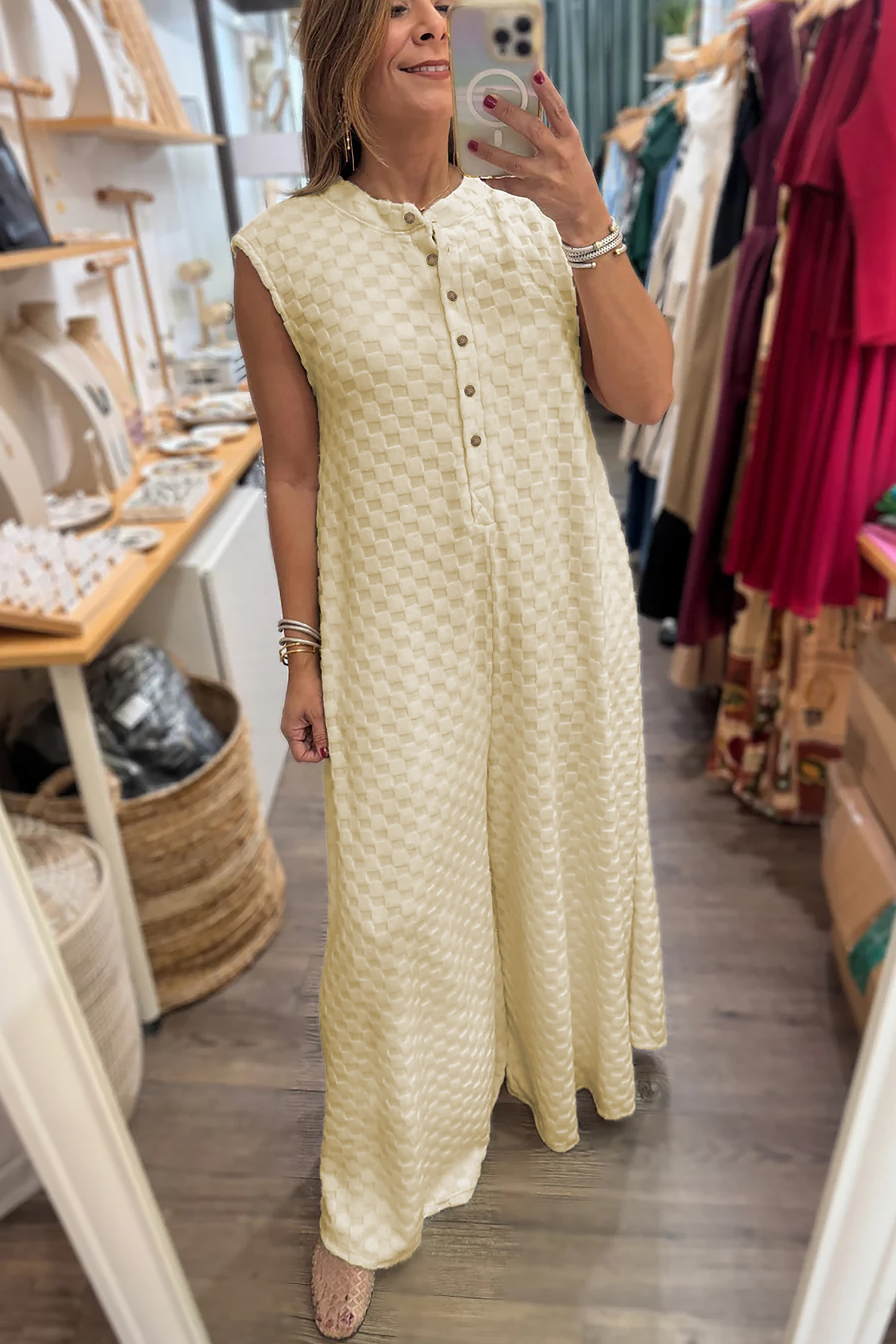 白色半纽扣无袖阔腿纹理连身裤 LC6414744