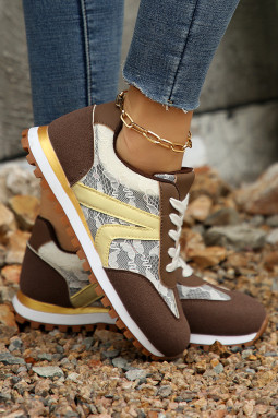 咖啡色花卉蕾丝拼色拼布运动鞋