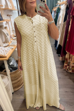 白色半纽扣无袖阔腿纹理连身裤