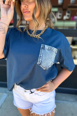 帆蓝拼色胸袋贴片休闲短袖上衣