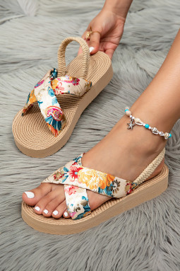 羊皮纸花卉交叉带草编厚底凉鞋