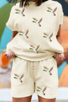 杏色时尚纹理亮片飞绿野鸭 2 件套短套装