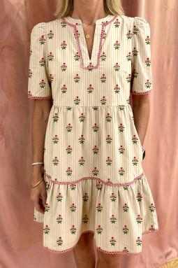 杏色条纹花卉印花撞色细节荷叶边下摆短连衣裙