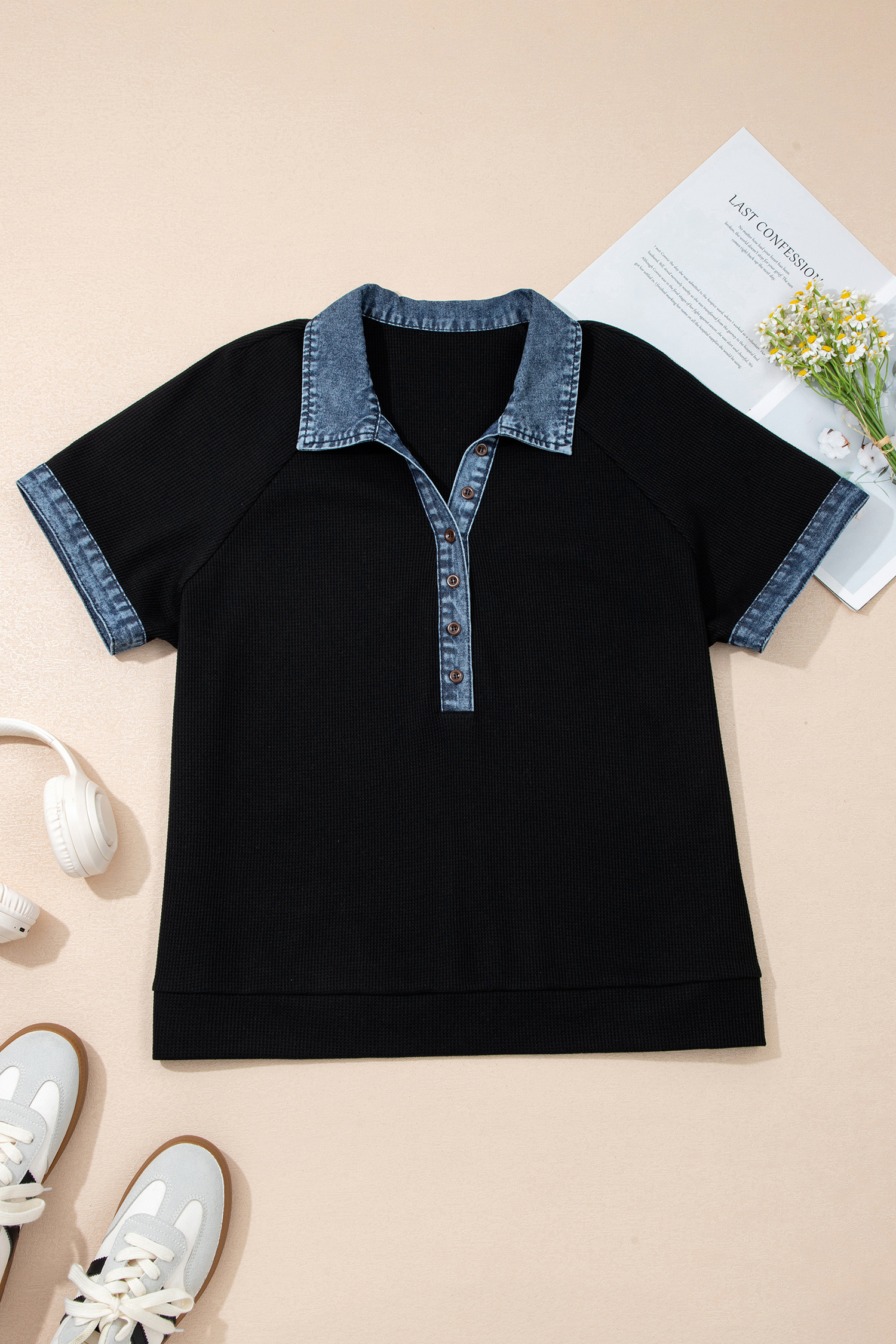 黑色加大码纹理撞色牛仔拼布纽扣 Polo T 恤 LC25136262