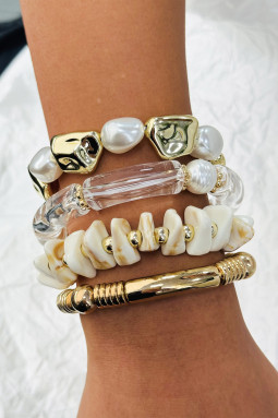 金色 4 件不规则石珠珍珠手镯套装