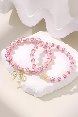粉色花卉金属混合串珠心形蝴蝶结 2 件套手链套装