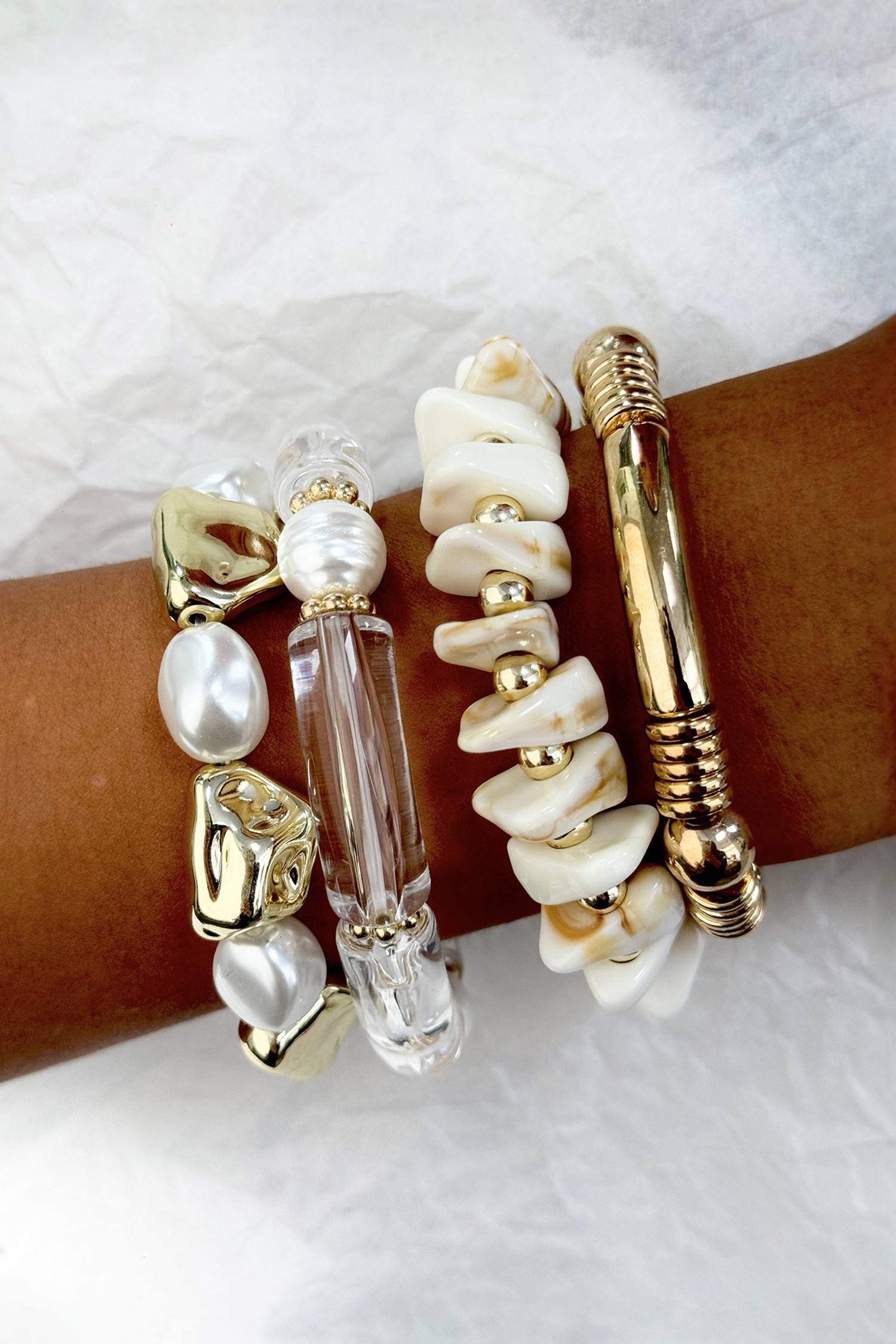 金色 4 件不规则石珠珍珠手镯套装 BH014822