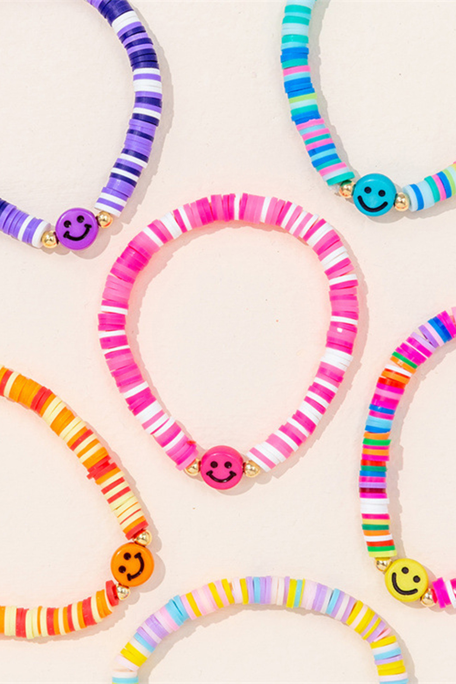 亮粉色 6 件套笑脸聚合物粘土弹力手链套装 BH014823