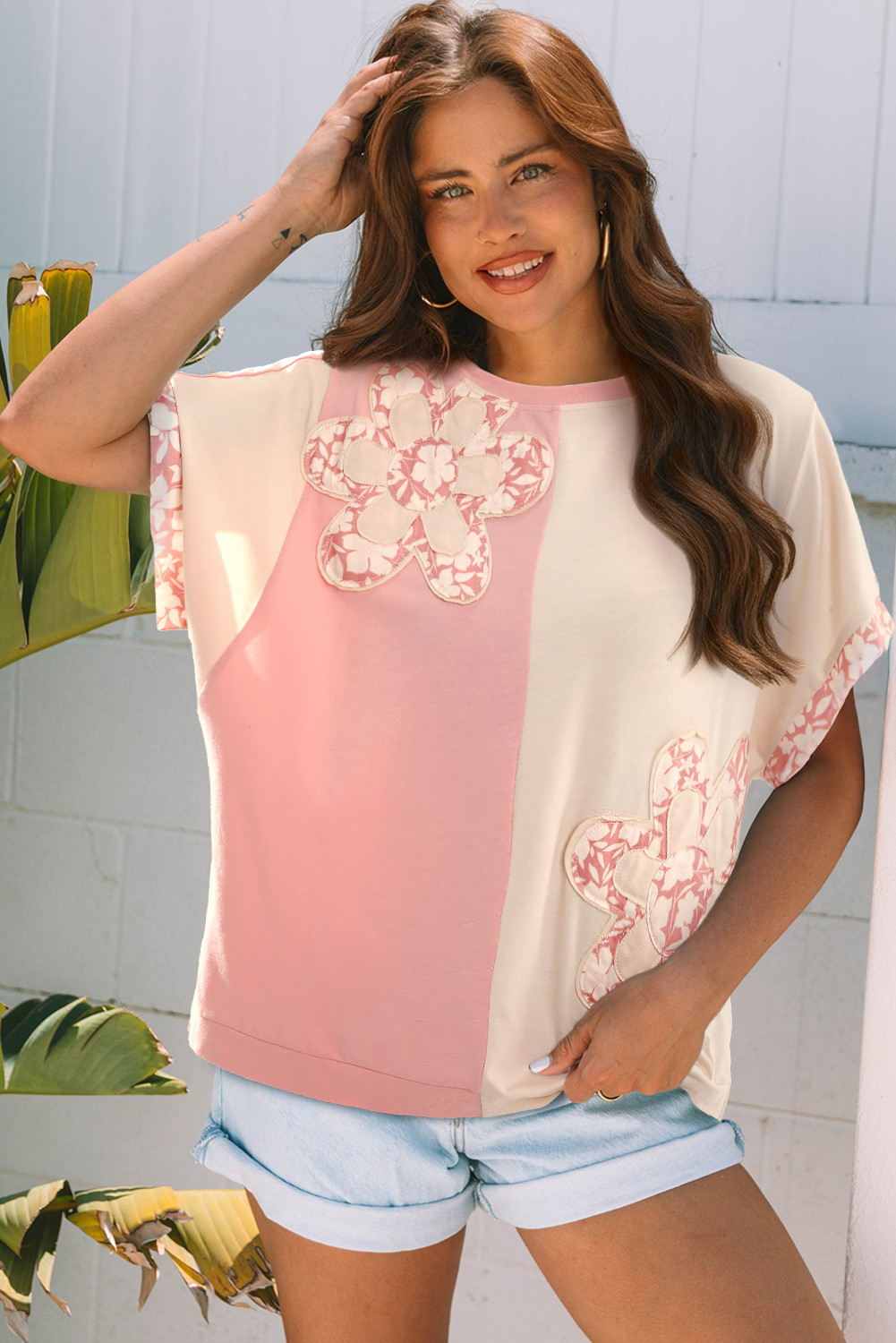 杏色拼花贴花宽松T恤 LC25230145