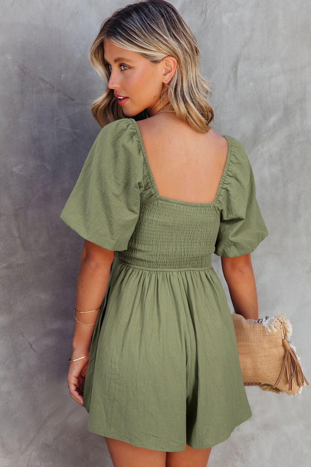 丛林绿方领褶皱泡泡袖连身衣 LC6411661