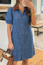 蓝色牛仔短泡泡袖拼色衬衫领拼布迷你连衣裙