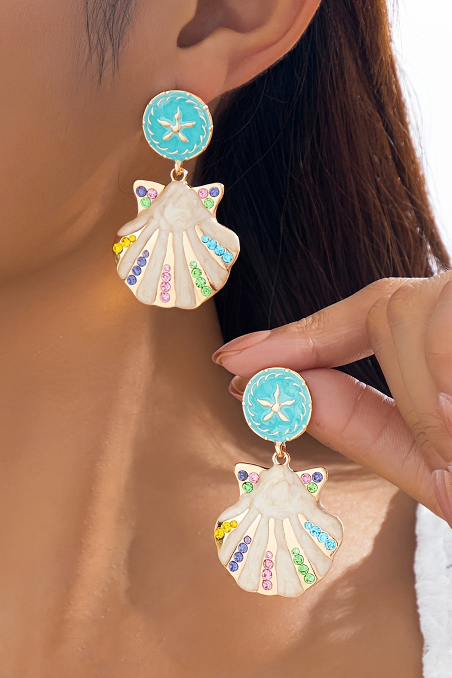 金色海星珐琅水钻蛤壳吊式耳环 BH014854