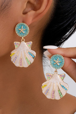 金色海星珐琅水钻蛤壳吊式耳环