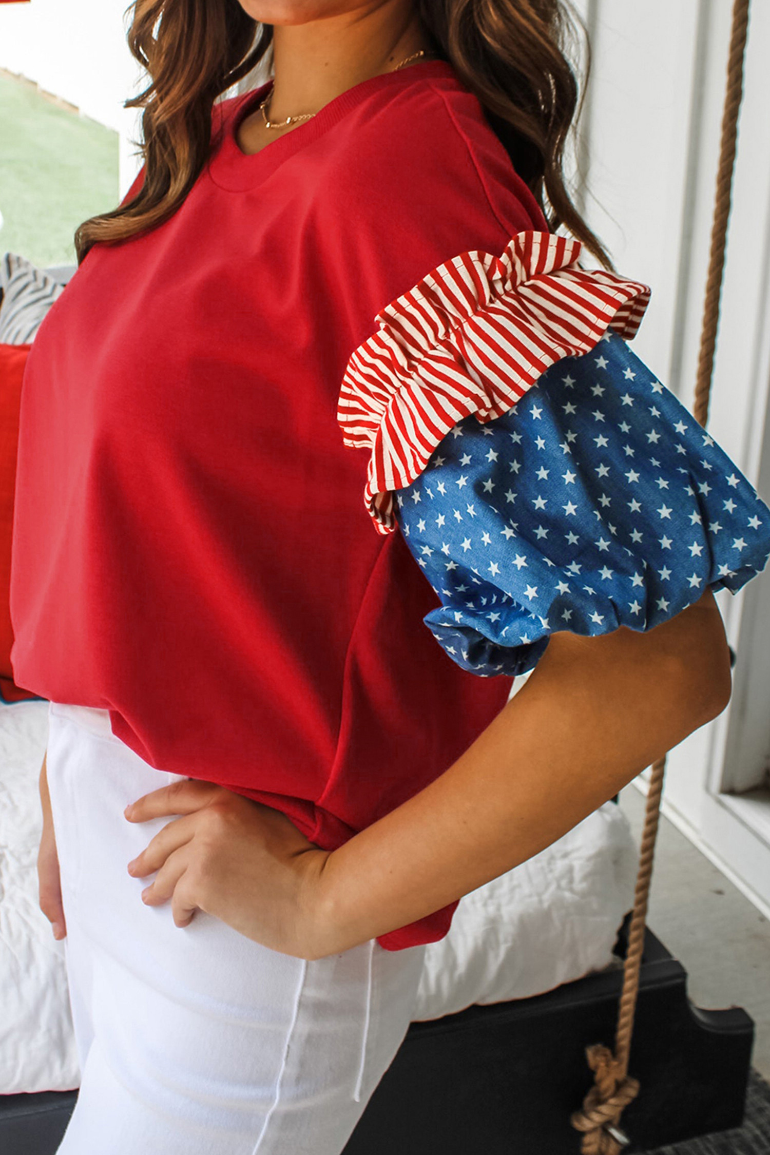 火红大码条纹荷叶边星星短泡泡袖拼布上衣 LC25135385