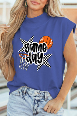 天蓝色比赛日篮球图案印花高领 T 恤