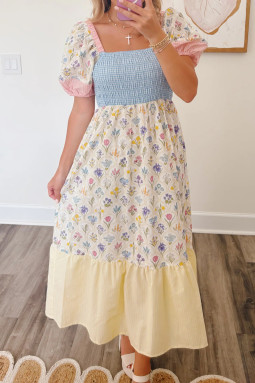 多色花卉印花条纹拼色方领抽褶长连衣裙