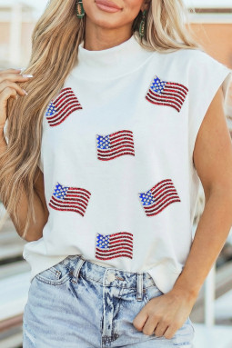 白色亮片美国国旗小高领短袖上衣