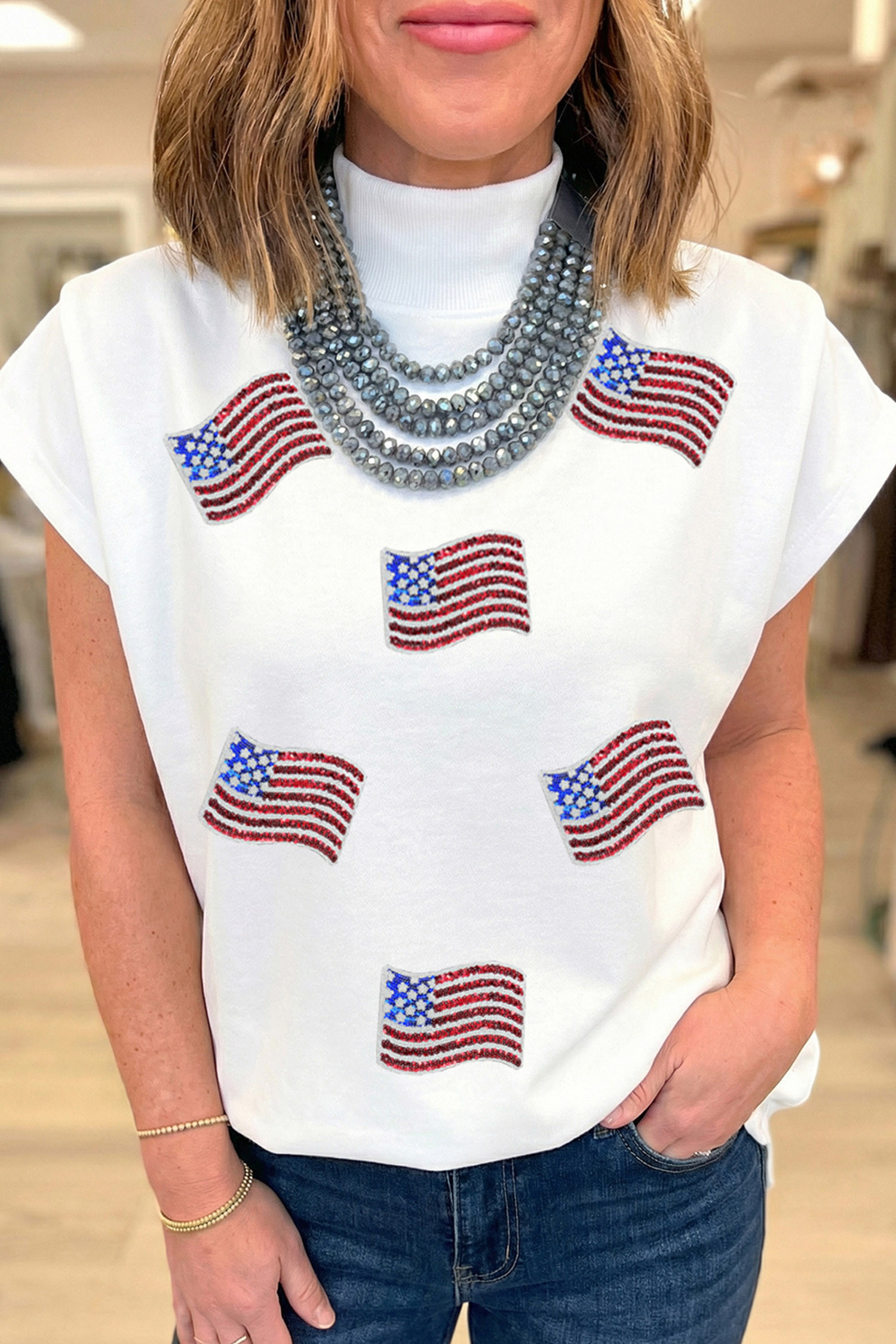 白色亮片美国国旗小高领短袖上衣 LC25137904