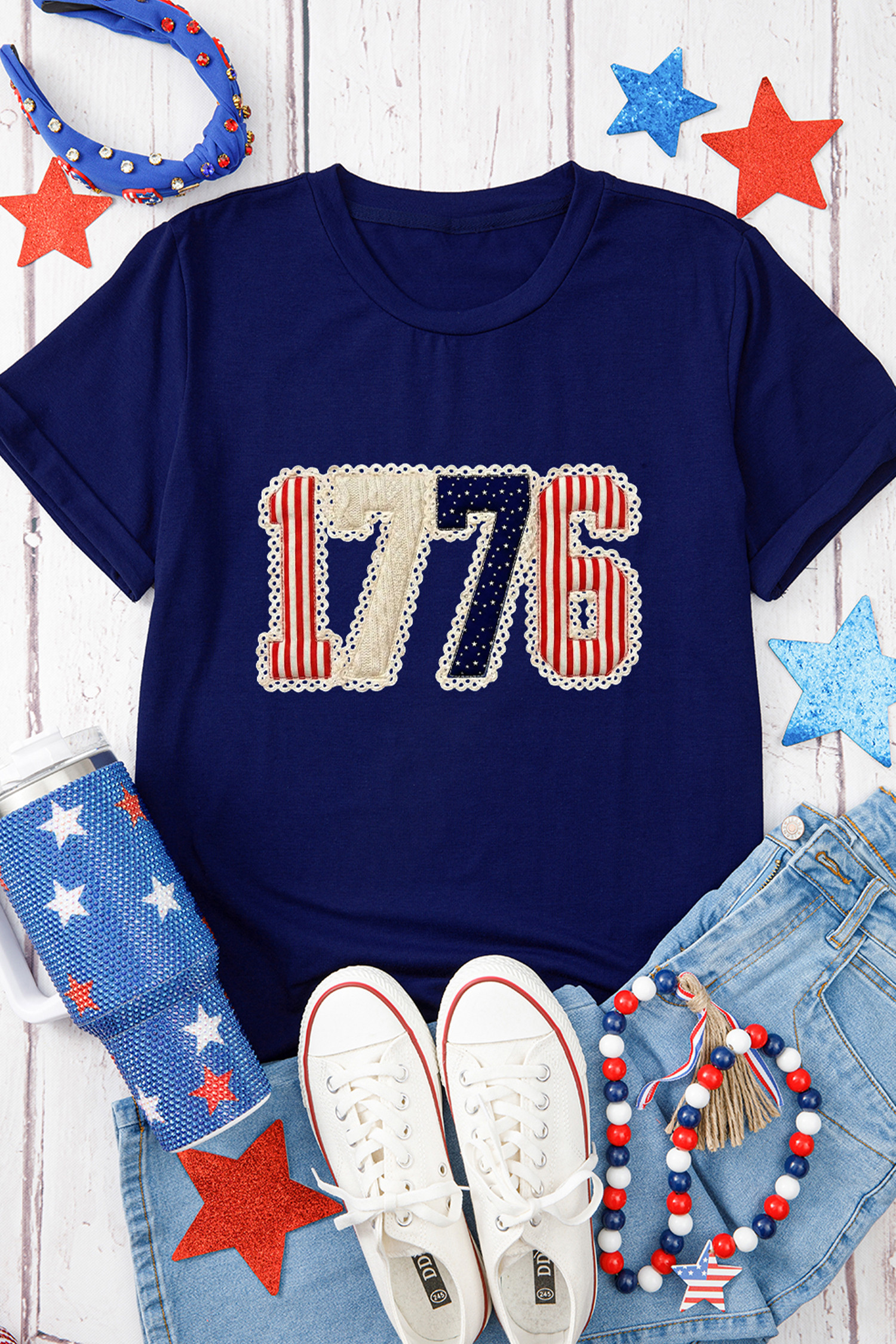 蓝色 1776 仿拼布印花 T 恤 LC25232040