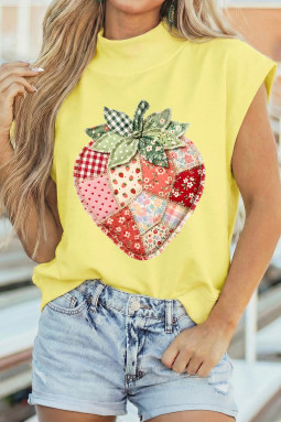 黄色人造拼布草莓印花小高领 T 恤