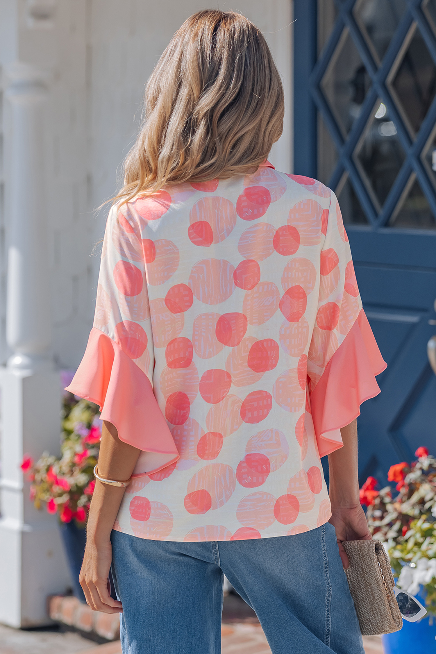 粉色双圆点印花荷叶边短袖娃娃装衬衫 LC2557455