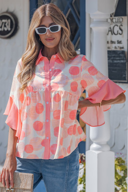 粉色双圆点印花荷叶边短袖娃娃装衬衫