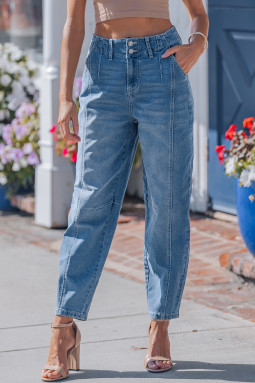 天蓝色中号水洗翻边筒形牛仔裤