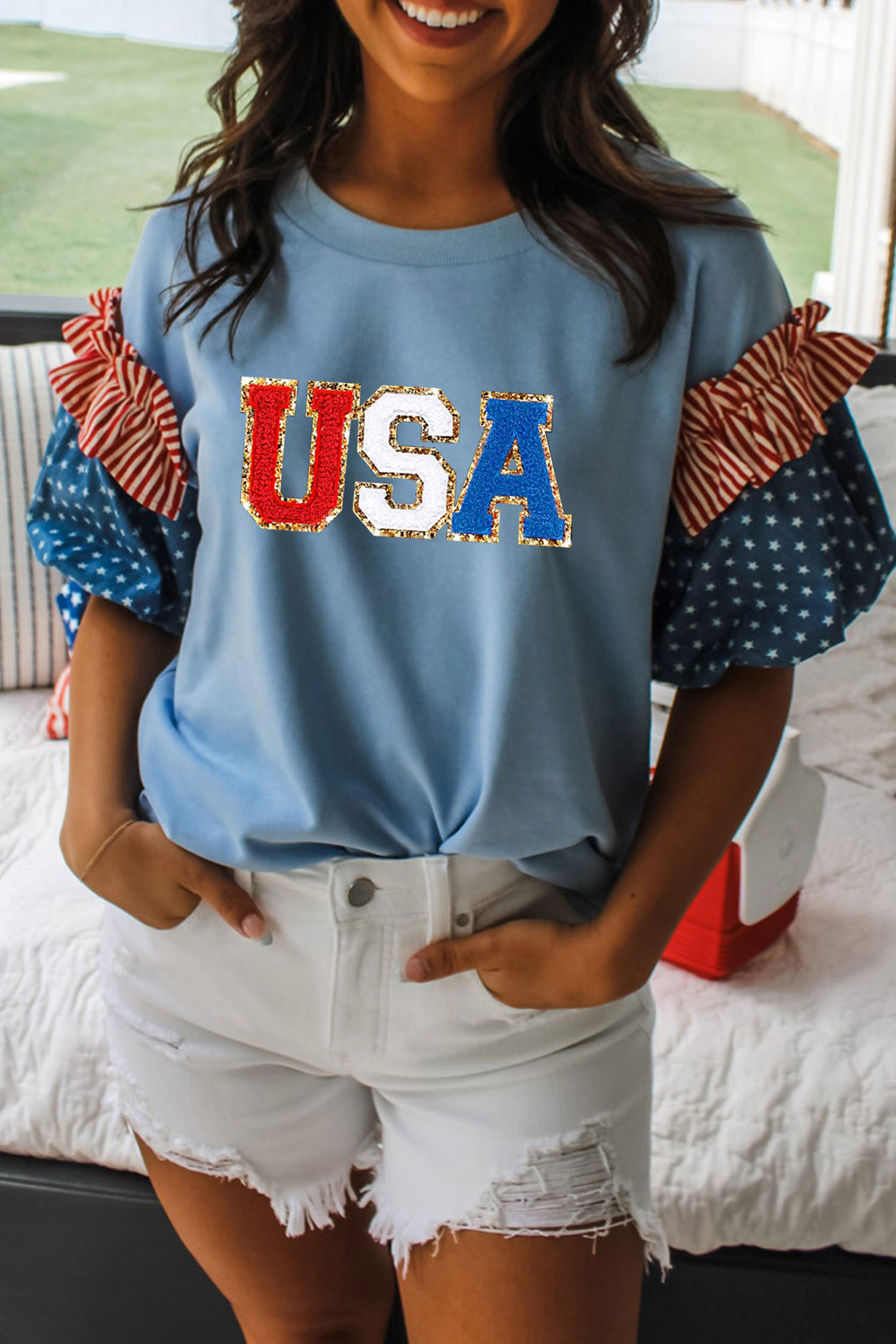 Beau Blue USA 雪尼尔刻字星条旗拼布袖上衣 LC25135385