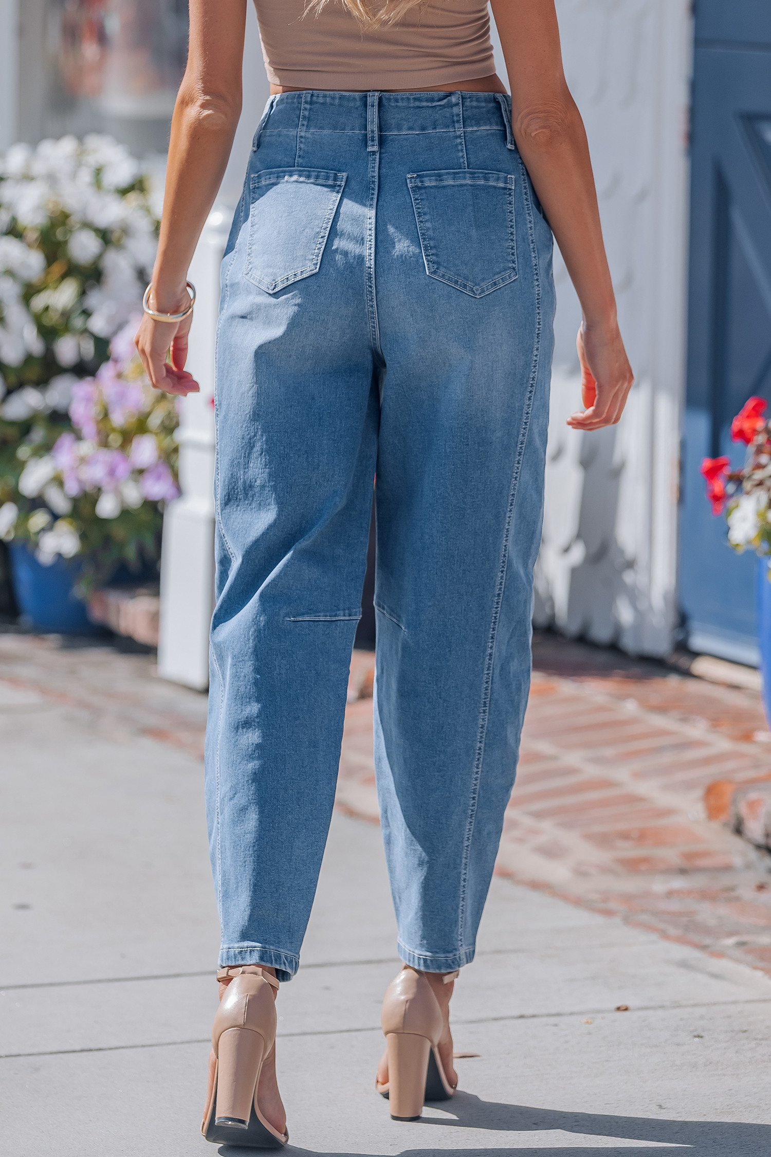 天蓝色中号水洗翻边筒形牛仔裤 LC7876387