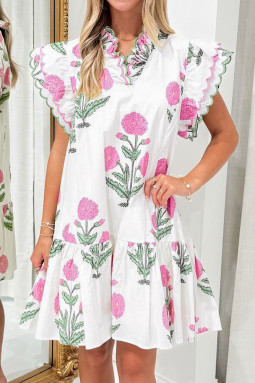 白色百搭花卉印花扇形刺绣饰边 V 领低腰迷你连衣裙