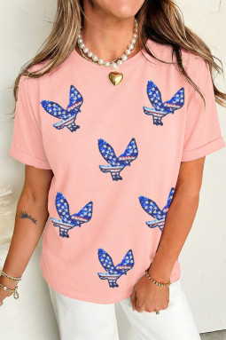 粉色爱国亮片老鹰图案 T 恤