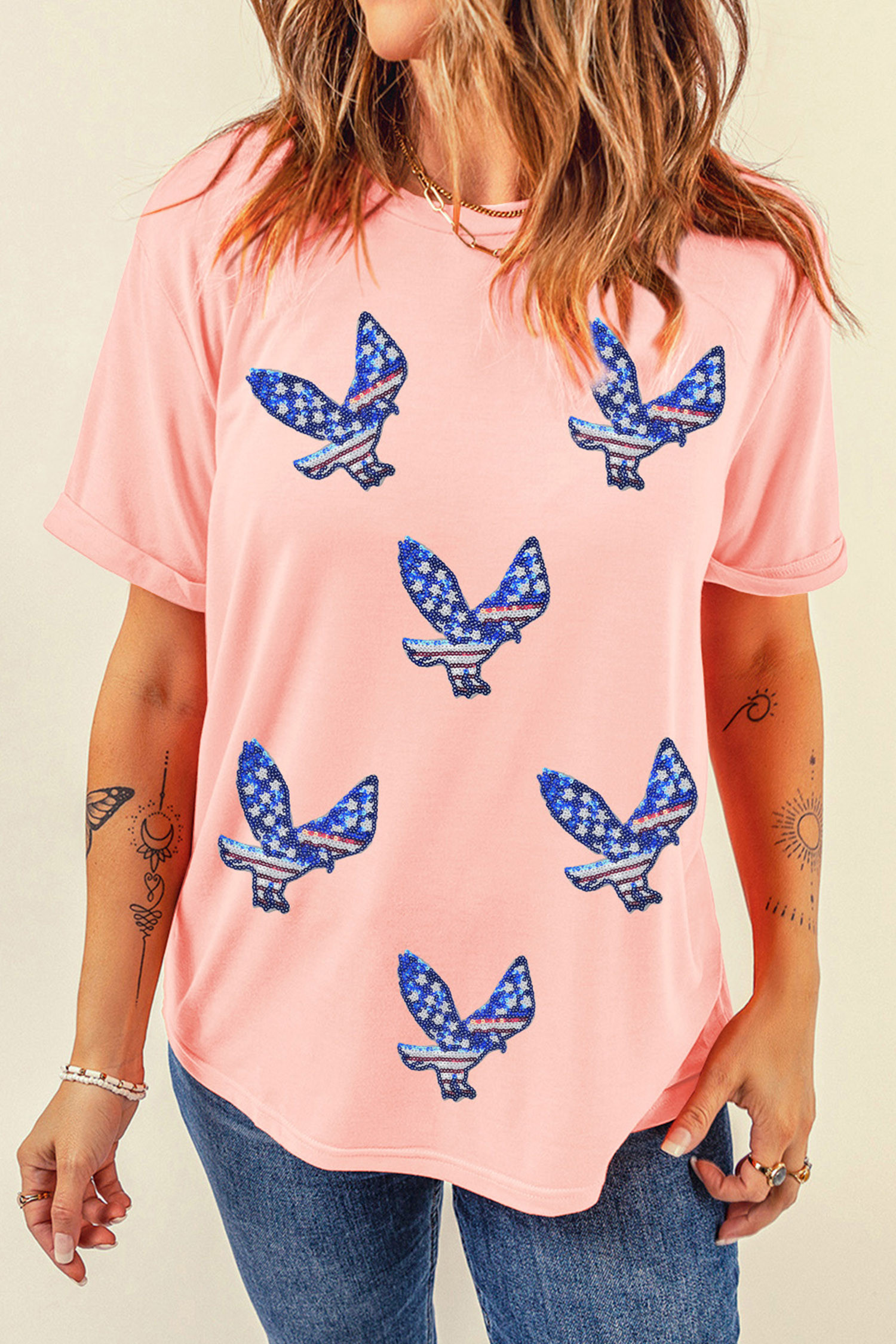 粉色爱国亮片老鹰图案 T 恤 LC25232082