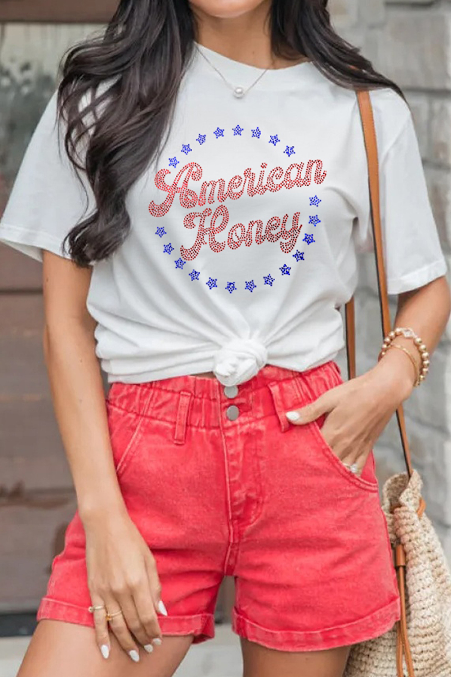 白色 American Honey 水钻图案 T 恤 LC25232036