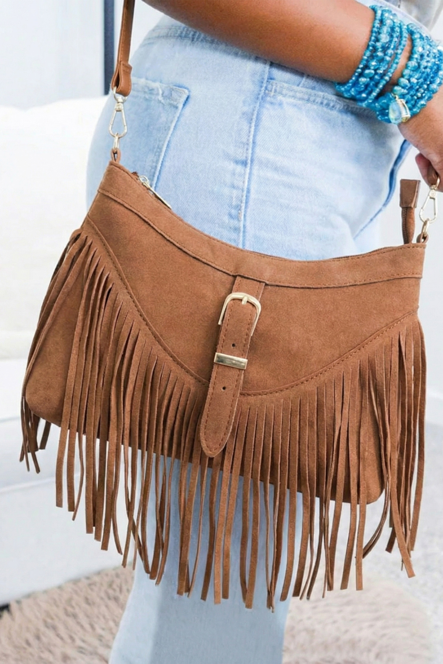 咖啡色人造麂皮 Boho 流苏 Hobo 单肩包 BH031622