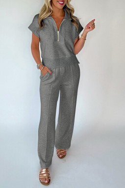 灰色半拉链 Polo T 恤休闲裤套装