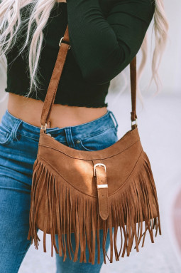 咖啡色人造麂皮 Boho 流苏 Hobo 单肩包